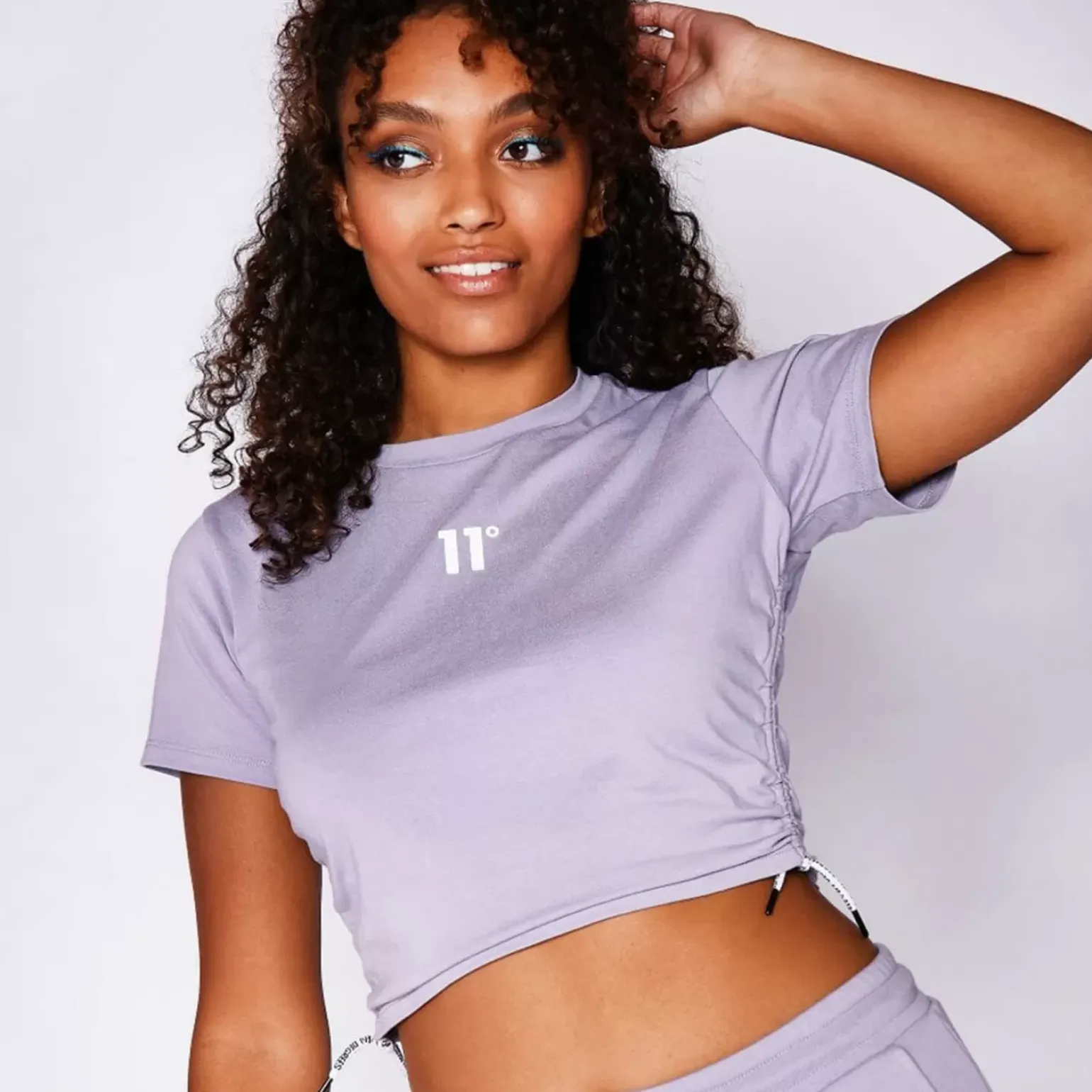 11 Degrees Womens Cropped Ruched Slim Fit T-Shirt – Lavender Grey