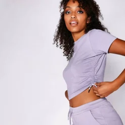 11 Degrees Womens Cropped Ruched Slim Fit T-Shirt – Lavender Grey