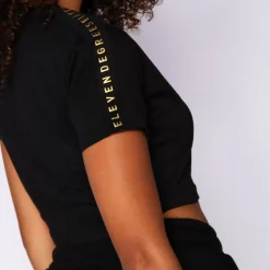 11 Degrees Womens Cropped Slim Fit Mesh Insert T-Shirt – Black / Gold