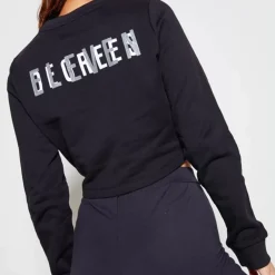 11 Degrees Womens Cropped Tie Front Graphic Sweatshirt – Black