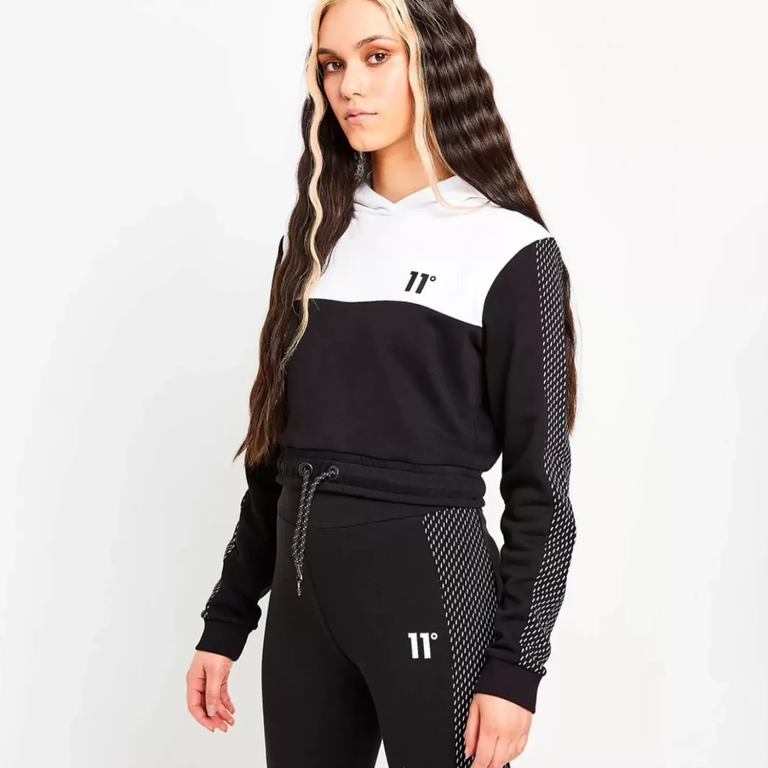 11 Degrees Womens Mesh Cut And Sew Cropped Pullover Hoodie – Black / White