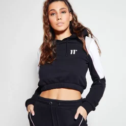 11 Degrees Womens Piped Panel Cropped Pullover Hoodie – Black / White / Gre – Black / White / Grey