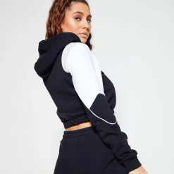 11 Degrees Womens Piped Panel Cropped Pullover Hoodie – Black / White / Gre – Black / White / Grey