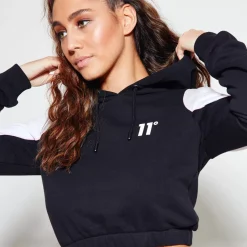 11 Degrees Womens Piped Panel Cropped Pullover Hoodie – Black / White / Gre – Black / White / Grey