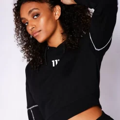 11 Degrees Womens Piping Detail Cropped Hoodie – Black