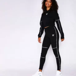 11 Degrees Womens Piping Detail Cropped Hoodie – Black