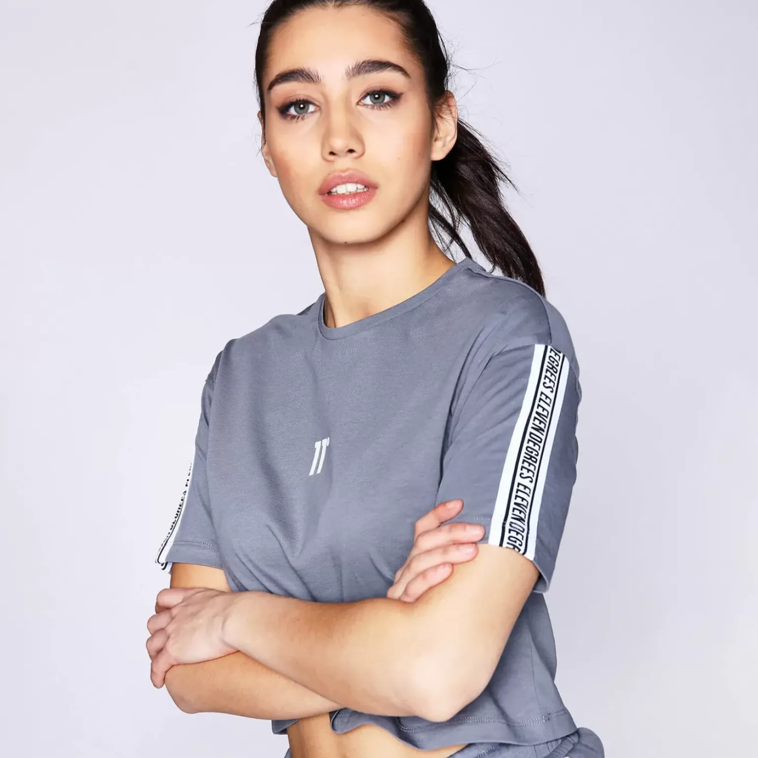 11 Degrees Womens Signature Cropped Tape T-Shirt – Shadow Grey