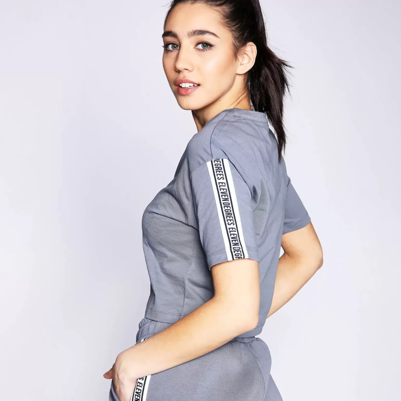 11 Degrees Womens Signature Cropped Tape T-Shirt – Shadow Grey