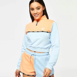 11 Degrees Womens Taped Colour Block Cropped Quarter-Zip Sweatshirt – Baby Blue / Coral