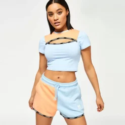 11 Degrees Womens Taped Colour Block Cut Out Slim Fit Short Sleeve T-Shirt – Baby Blue / Coral