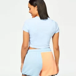 11 Degrees Womens Taped Colour Block Cut Out Slim Fit Short Sleeve T-Shirt – Baby Blue / Coral