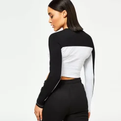 11 Degrees Womens Taped Cut And Sew Cropped Long Sleeve Slim Fit T-Shirt – Grey Marl / Black / White