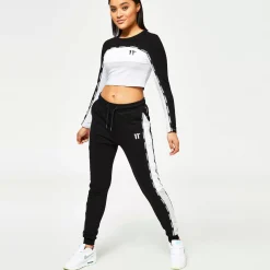 11 Degrees Womens Taped Cut And Sew Cropped Long Sleeve Slim Fit T-Shirt – Grey Marl / Black / White