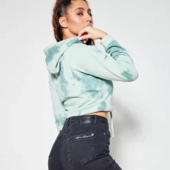 11 Degrees Womens Tie Dye Cropped Pullover Hoodie – Teal Blue / Fog Green