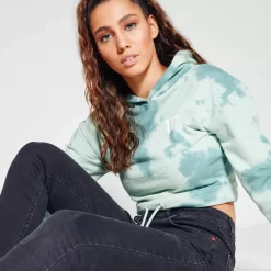 11 Degrees Womens Tie Dye Cropped Pullover Hoodie – Teal Blue / Fog Green