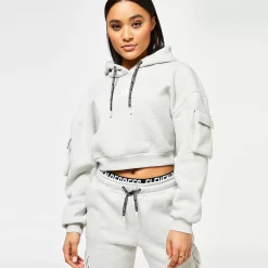 11 Degrees Womens Utility Cropped Pullover Hoodie – Grey Marl