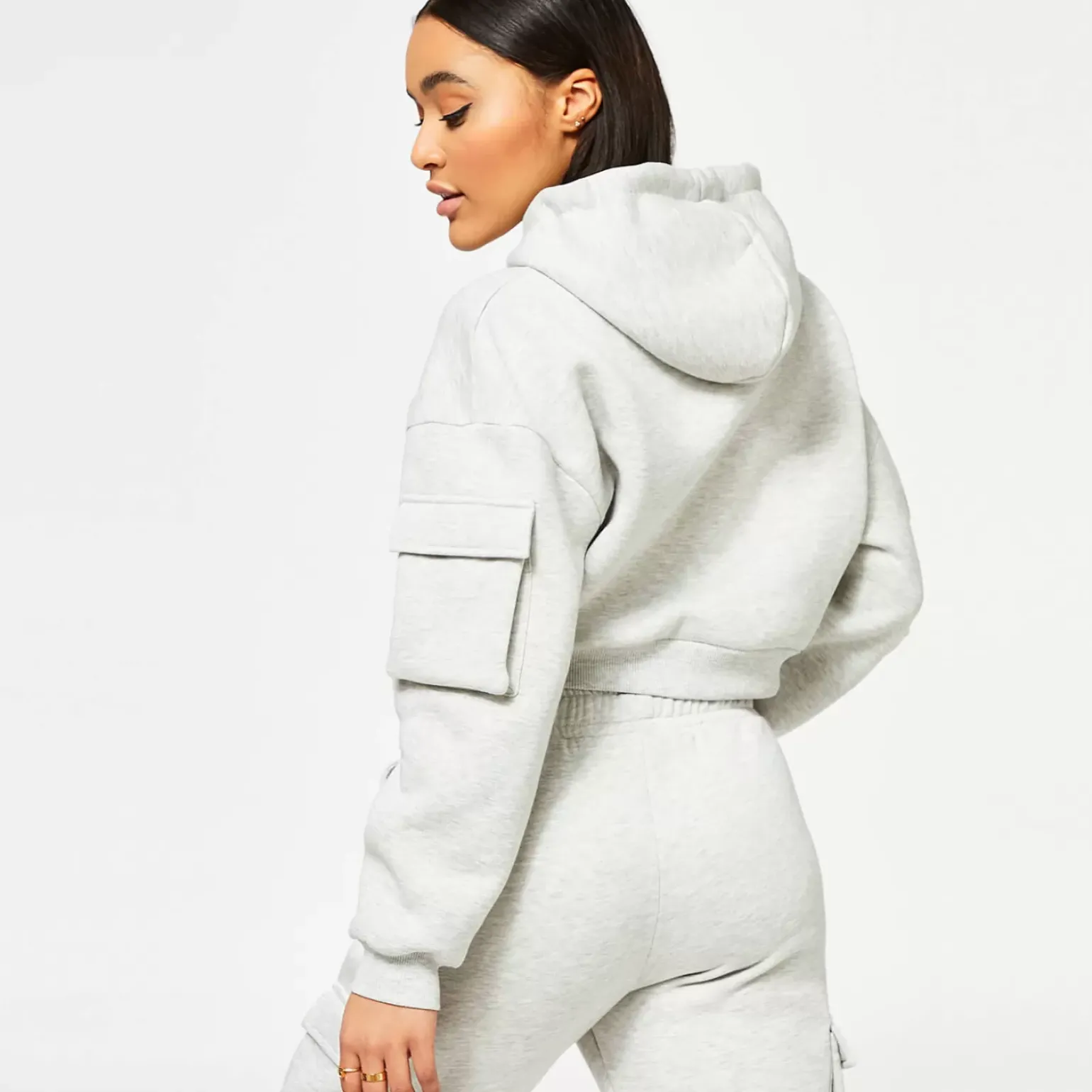 11 Degrees Womens Utility Cropped Pullover Hoodie – Grey Marl