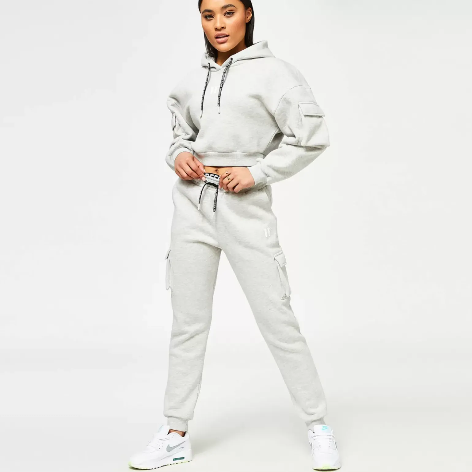 11 Degrees Womens Utility Cropped Pullover Hoodie – Grey Marl