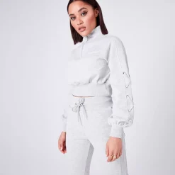 11 Degrees Womens Volume Sleeve Lace Up Detail Cropped Quarter Zip Sweatshirt – Grey Marl