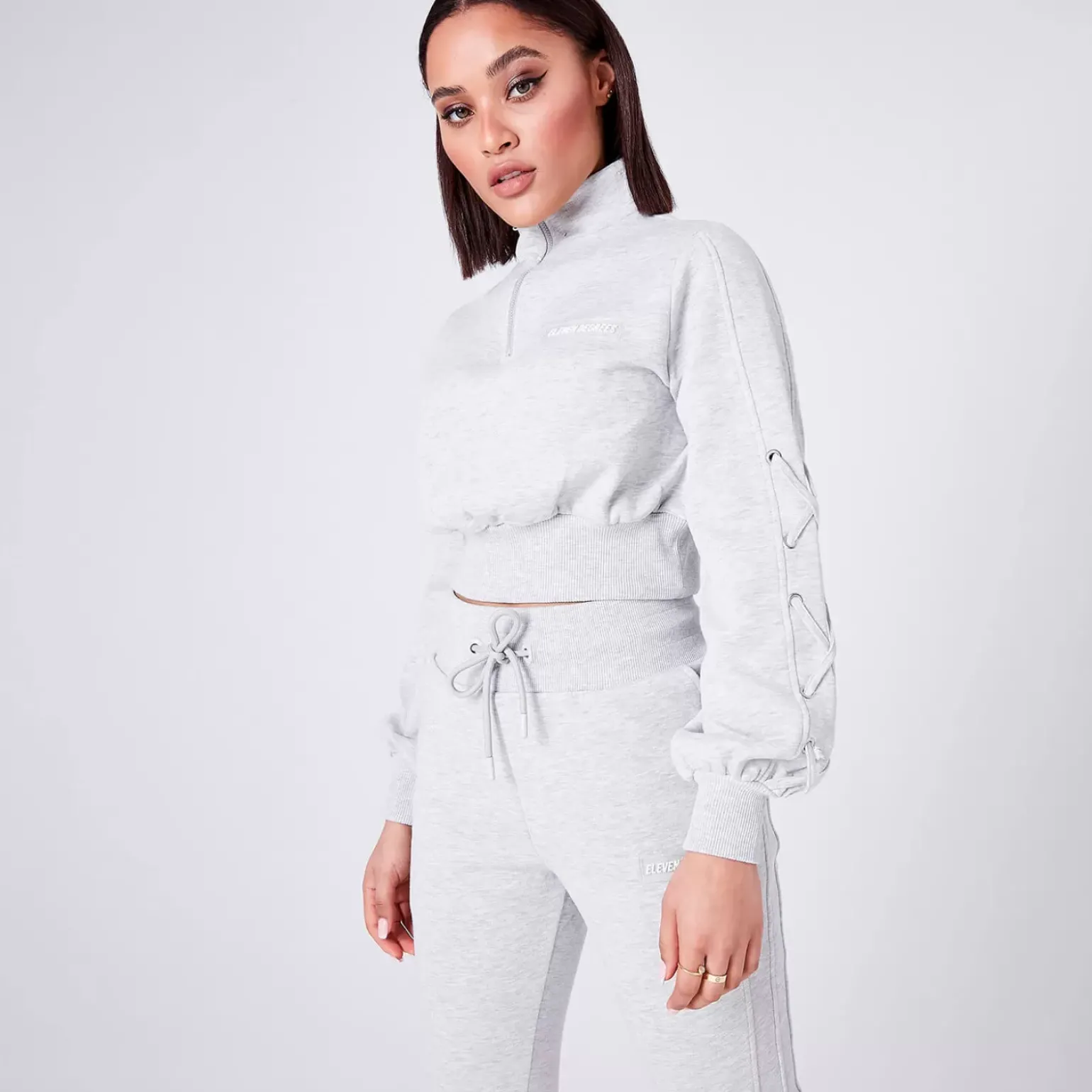 11 Degrees Womens Volume Sleeve Lace Up Detail Cropped Quarter Zip Sweatshirt – Grey Marl