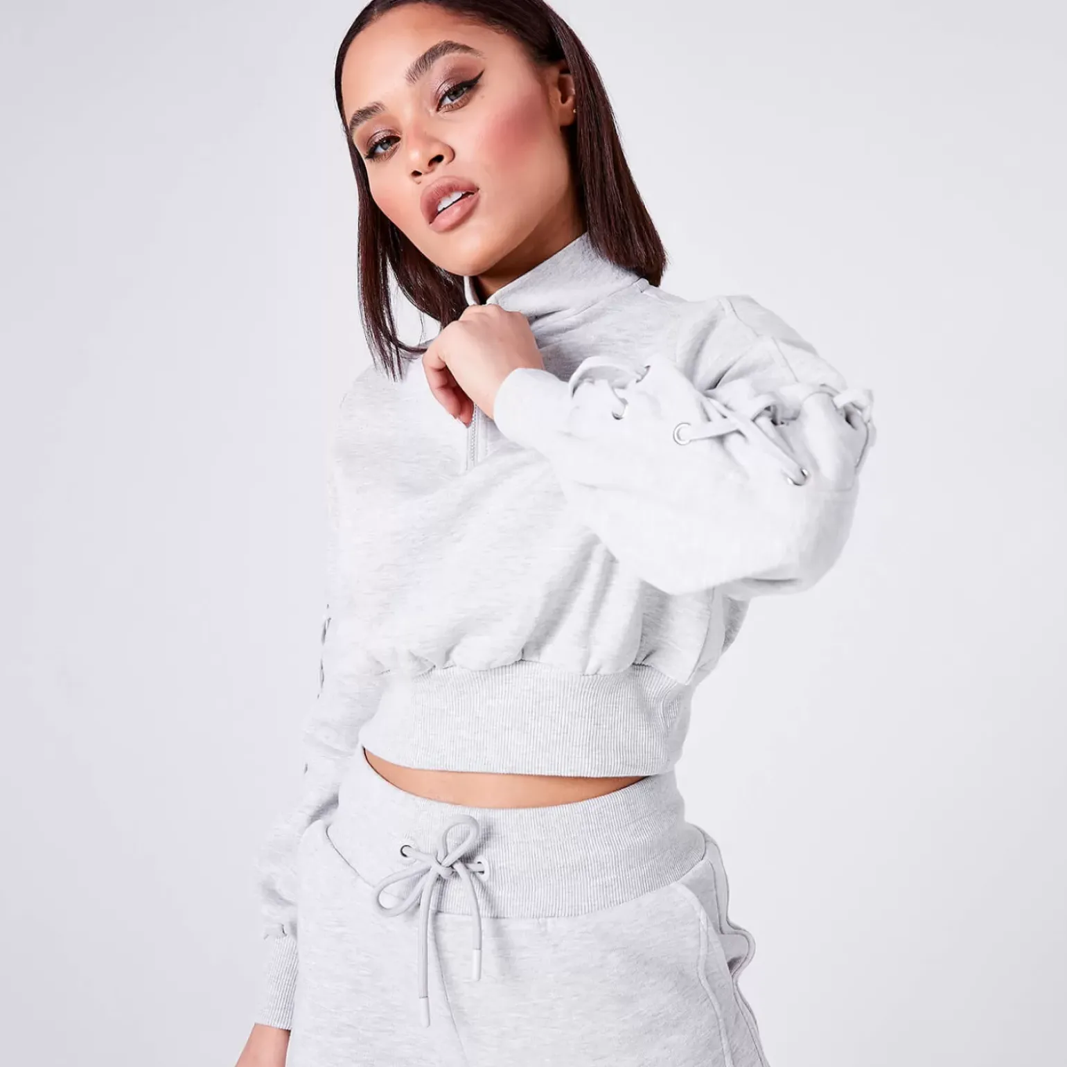 11 Degrees Womens Volume Sleeve Lace Up Detail Cropped Quarter Zip Sweatshirt – Grey Marl