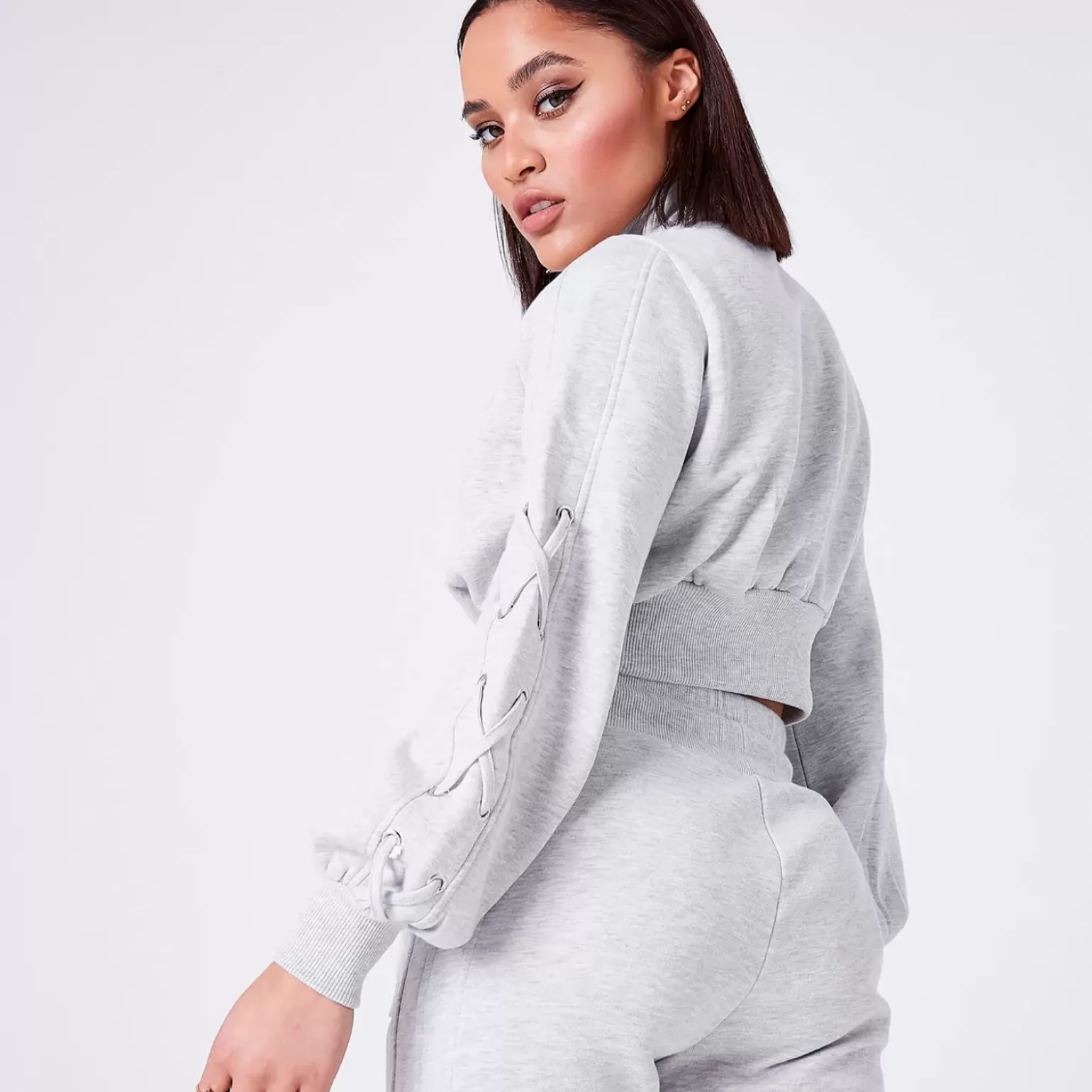 11 Degrees Womens Volume Sleeve Lace Up Detail Cropped Quarter Zip Sweatshirt – Grey Marl