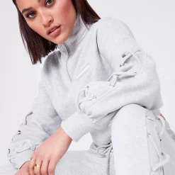 11 Degrees Womens Volume Sleeve Lace Up Detail Cropped Quarter Zip Sweatshirt – Grey Marl