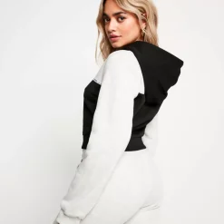 Colour Block Taped Cropped Pullover Hoodie – Grey Marl/Black