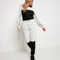 Colour Block Taped Cropped Pullover Hoodie – Grey Marl/Black