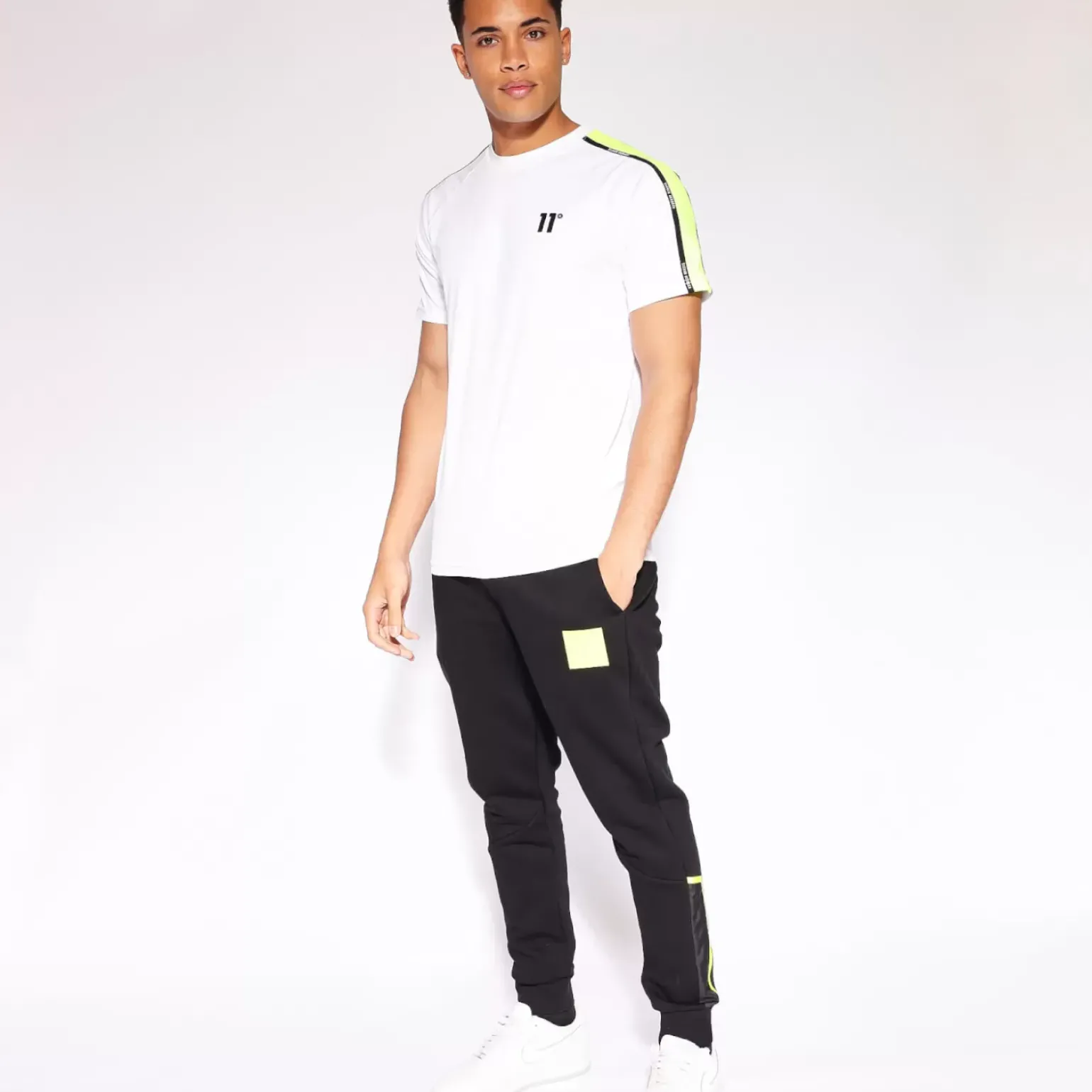 Sleeve Panel Taped T-Shirt - Neon Pink Glo / White