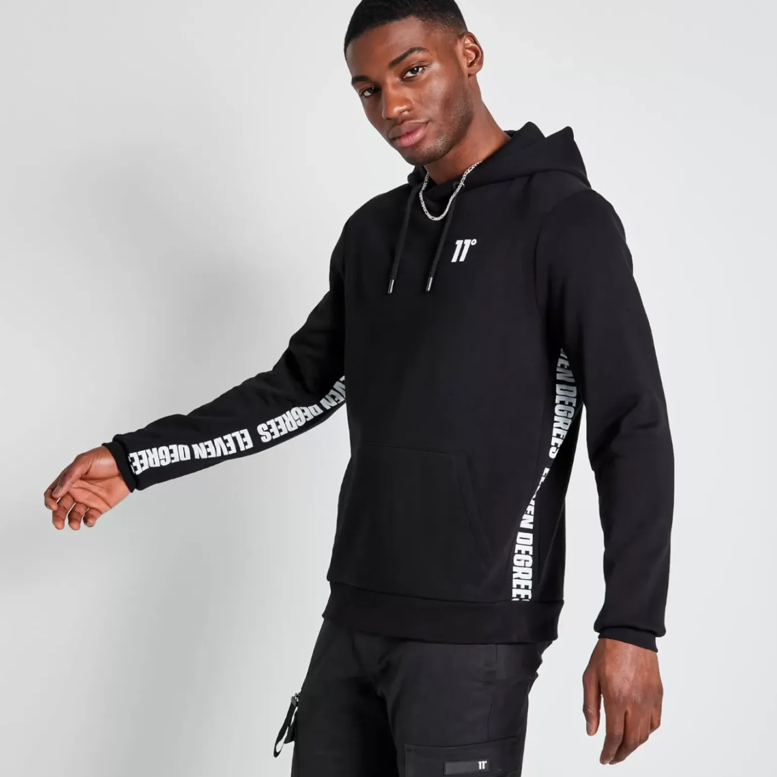 Tall Text Panel Cut And Sew Pullover Hoodie – Black