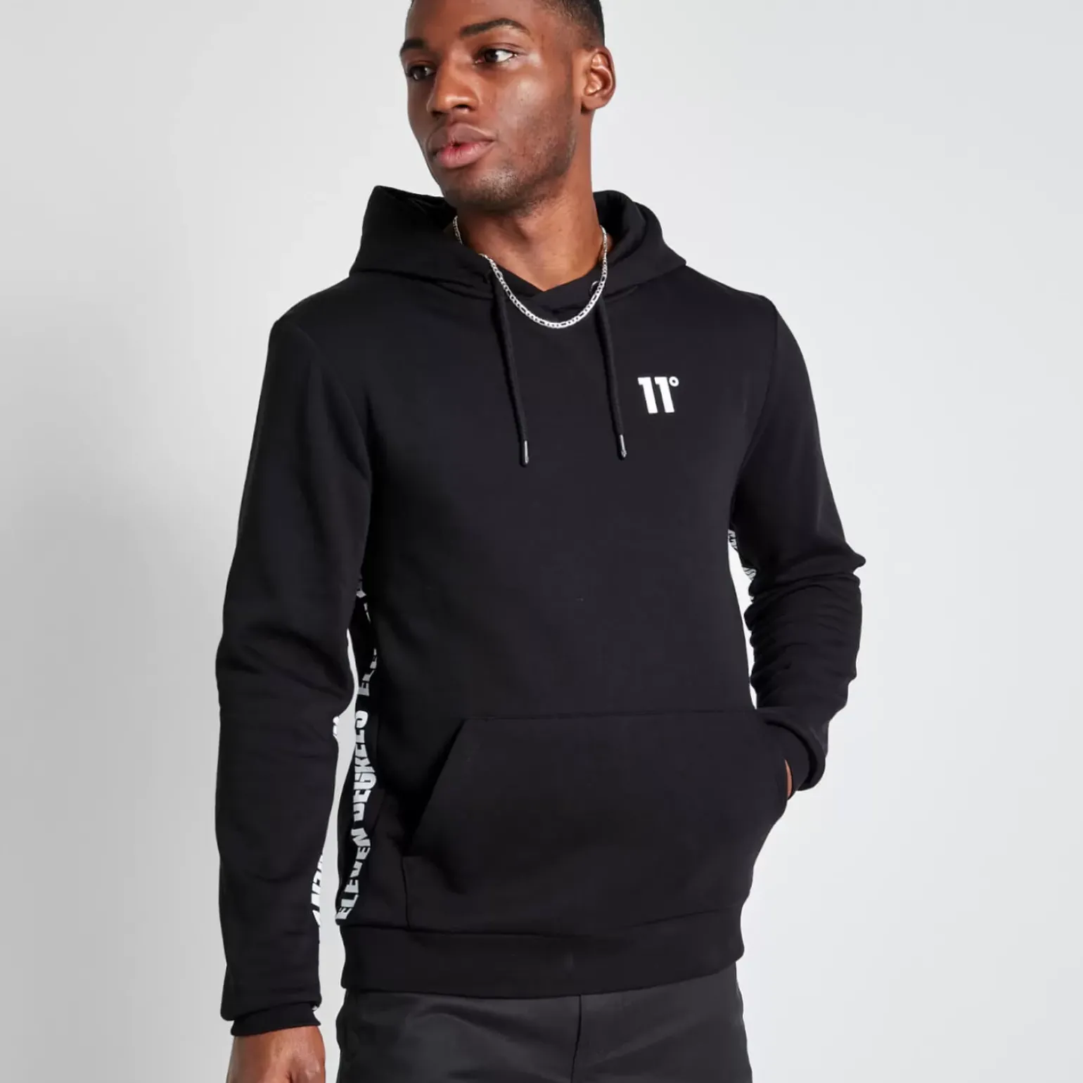 Tall Text Panel Cut And Sew Pullover Hoodie – Black