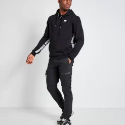 Tall Text Panel Cut And Sew Pullover Hoodie – Black