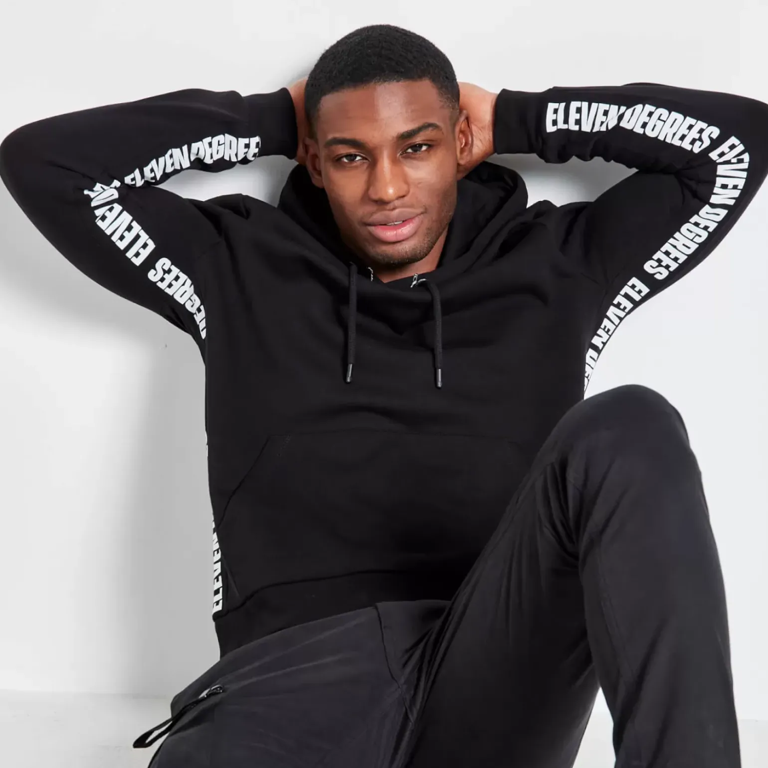 Tall Text Panel Cut And Sew Pullover Hoodie – Black