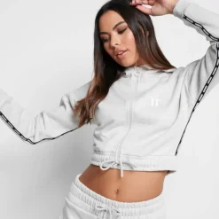 Taped Cropped Full Zip Hoodie – Grey Marl