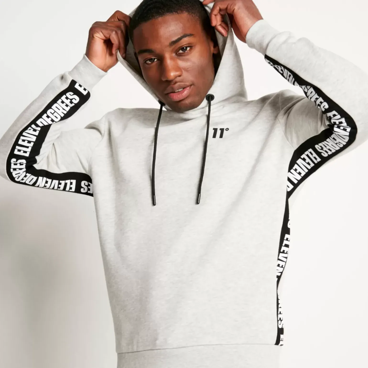 Text Panel Cut And Sew Pullover Hoodie – Grey Marl/Black