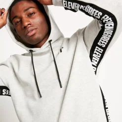 Text Panel Cut And Sew Pullover Hoodie – Grey Marl/Black